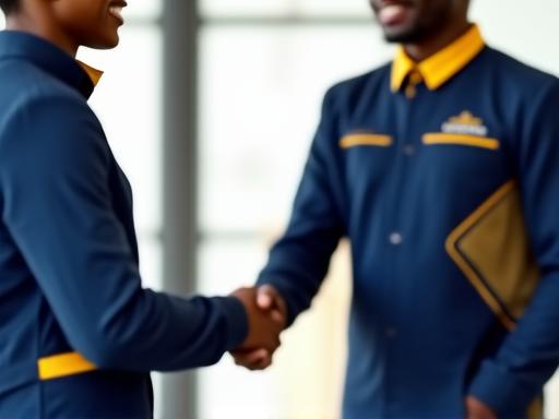 Visual representation of professional cleaning staff smiling and shaking hands, emphasizing trust and reliability.